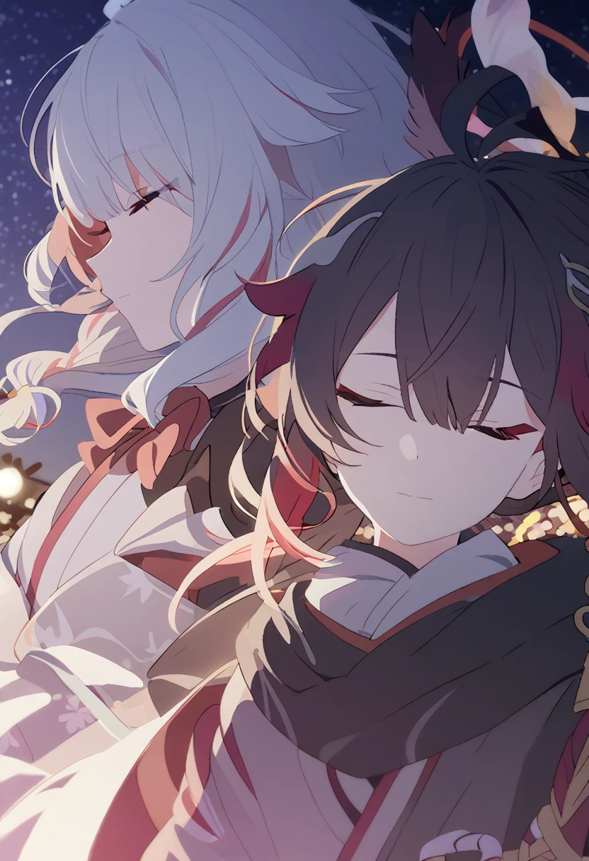 Man and woman couple, walking under the stars, at night, very close, 1 girl, Columbina, multicilor hair, two color hair, colored inner hair, decoration for your hair, black fur, with red outline, closed eyes, 1 chico, Kaedehara Kazuha, white hair with a red streak, hair ornament