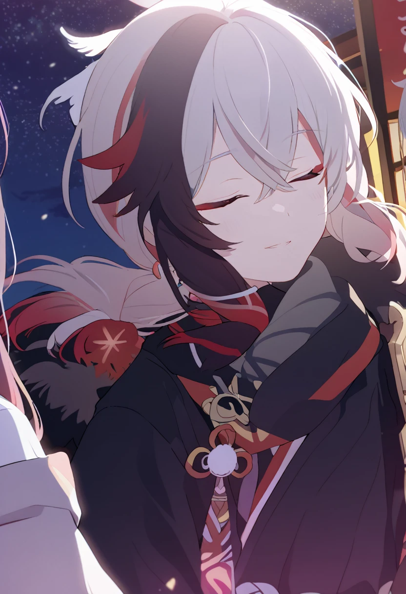 Man and woman couple, walking under the stars, at night, very close, 1 girl, Columbina, multicilor hair, two color hair, colored inner hair, decoration for your hair, black fur, with red outline, closed eyes, 1 chico, Kaedehara Kazuha, white hair with a red streak, hair ornament