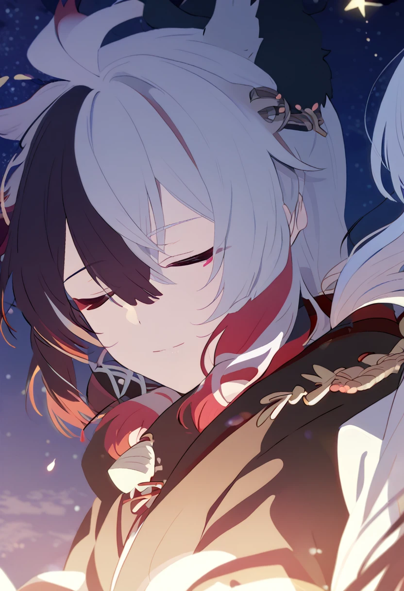 Man and woman couple, walking under the stars, at night, very close, 1 girl, Columbina, multicilor hair, two color hair, colored inner hair, decoration for your hair, black fur, with red outline, closed eyes, 1 chico, Kaedehara Kazuha, white hair with a red streak, hair ornament