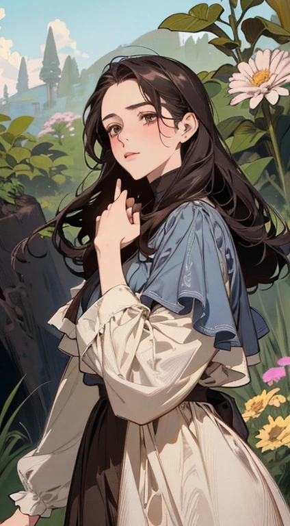 Painting of a woman standing on a hill with flowers in her hands, art by Édouard Bisson, krenzcushart, Opa jeremy lipkin, inspirado em Pierre Auguste Cot, Opa painting style, moebius + Roish + Opa, por Aleksander Gine, Marcos Ariane, inspirado em Cynthia Sheppard