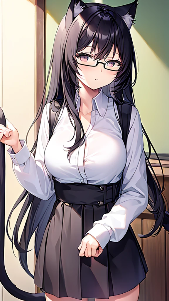 (Masterpiece), (best quality), Cat girl in her 20s, long hair, black hair, chest, gray eyes, cat ears and cat tail, round glasses, white long sleeve shirt black short skirt 