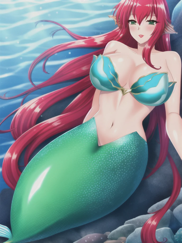 Solo, 1mermaid, The mermaid swim underwater sea , red lips, red hair, mermaid tail below waistline, eel mermaid tail, 