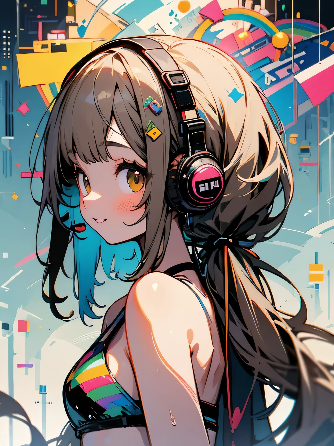sideview, One Girl, alone, Rim Light, very detailed face, (Contrasting:1.1), Shoot from the front, smile, Amazingly cute young Russian girl, Droopy eyes, pale blue plump lips,(deep black very long twintail)、With bangs, Light brown thin eyebrows, Oily skin, Wet Skin, rainbow color summer bikini , Put on some high-tech headphones, Mid-chest,