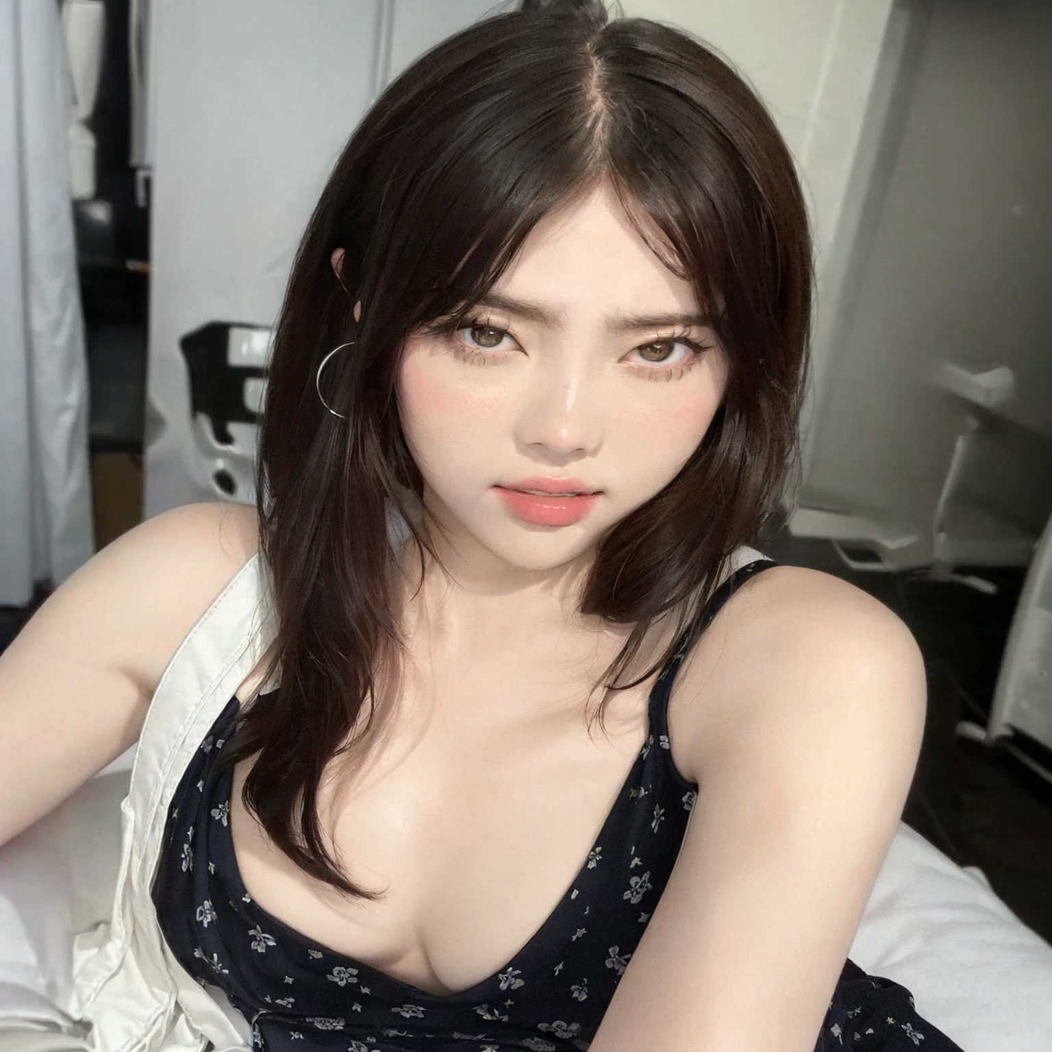 There is a woman who is sitting on a bed with a bag, korean girl, Asian girl, beautiful Asian girl, beautiful south korean woman, japanese goddess, Beautiful young Korean woman, Young cute pale asian face, shikami, 18 years, Beautiful young Korean woman, 22 years, 2 4 year old female model, sexy look at the camera