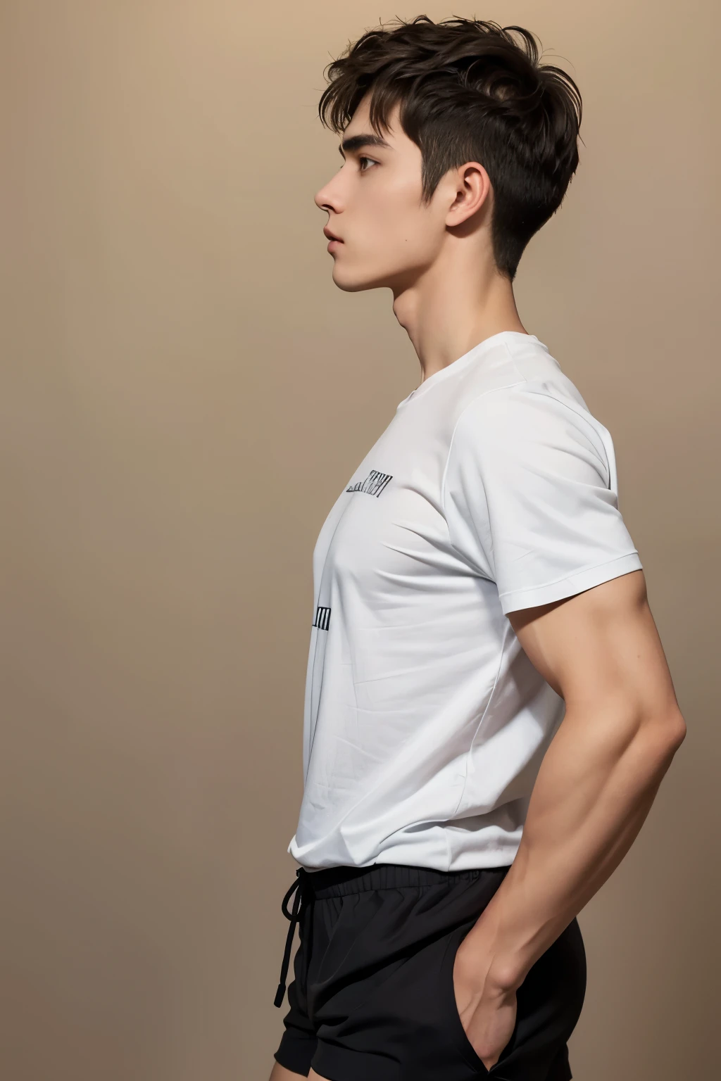 slim 21 year old attractive male man, brown hair, brown eyes. body shape shown through clothes. (muscly thighs, thin waist, buff arms, buff legs). ((t-shirt, shorts)). black empty background, spotlight. (((from side angle))) empty hands. standing.