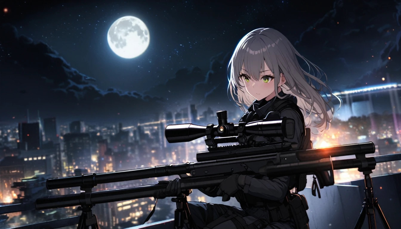 Highest quality, Highest quality, 16K, Unbelievably absurd, Very detailed, delicate and dynamic, Natural light, The particles reflect light, Diffuse reflection of light, Vortex of Light, dark outfield, roof top of building, moon night, illumination, Create amazing image effects, Upper body close-up, (sole sexy girl, Firm bust, , powerful, A professional sniper,, aiming a target, swat uniform,)