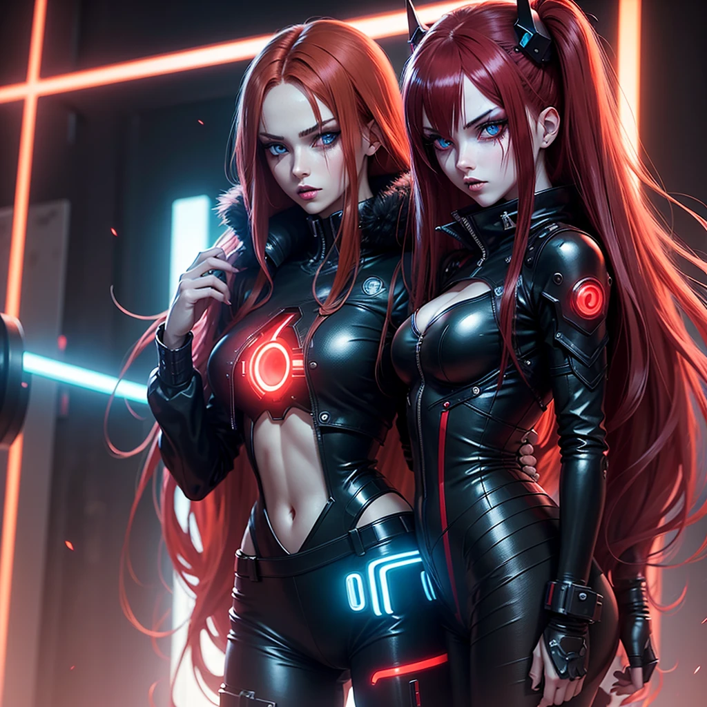 1 piece 1 person 1 Mecha girl half cyborg stands with her back to the camera showing naked big booty ass girl with bright red hair in a black cyborg suit Android background cyberpunk black red lights 