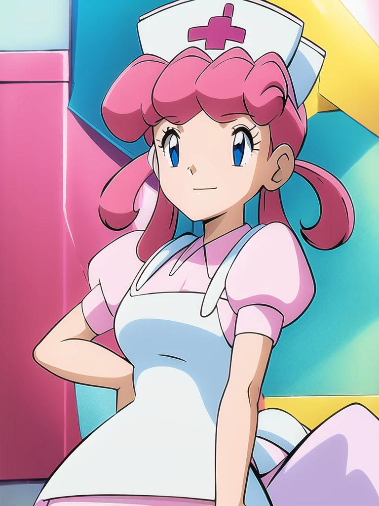 Nurse Joy, pink hair, rolled bangs, looped low twintails, blue eyes, nurse cap, pink shirt, puffy sleeves, pink skirt, white apron, white back ribbon,