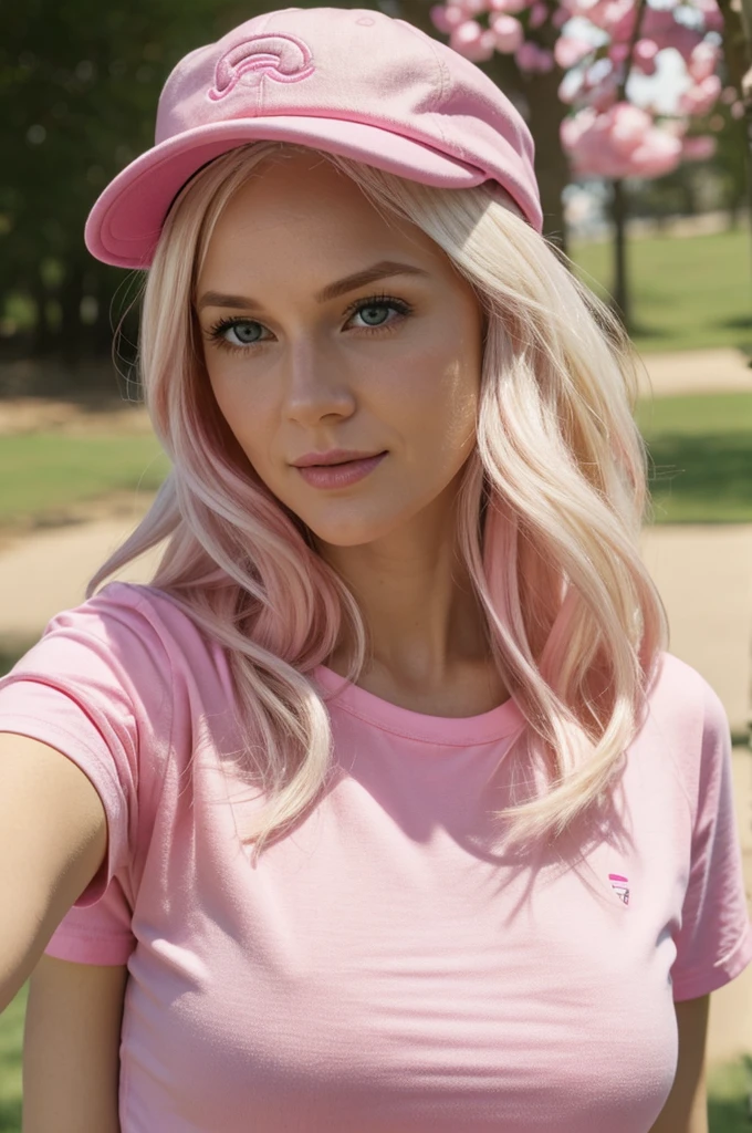 35-year-old white-skinned woman with light hair, pink t-shirt and pink cap from the Arabela brand