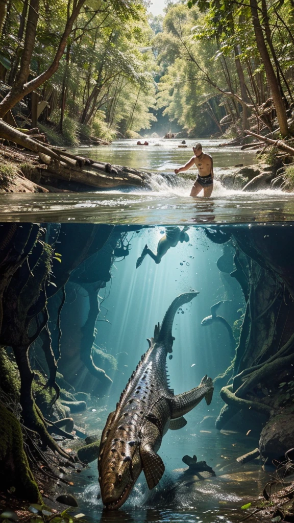 a dramatic scene of a river with a visible above and below water perspective. Above the water, show two men helping to pull another man out of the river, with expressions of fear and urgency. Below the water, depict a large crocodile with its mouth open, showcasing its sharp teeth, swimming towards the group above. The surrounding environment is a dense forest with large trees and sprawling roots around the riverbank. The water is clear enough to see both the surface activity and the underwater threat in vivid detail.