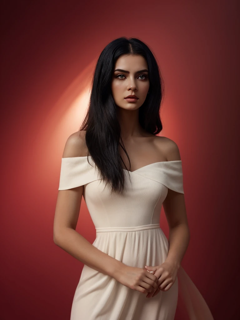 Best quality, masterpiece, ultra high res, (photorealistic:1.5), raw photo, 1 mature Ancient Egyptian girl, white off shoulder dress, in the dark, deep shadow, low key, cold light, sexy look, black Cleopatra's hair (((black hair))), bright eyes, yin sanpaku eyes, eyeshadow, (((plain red background))), cinematic studio lighting, perfect anatomy