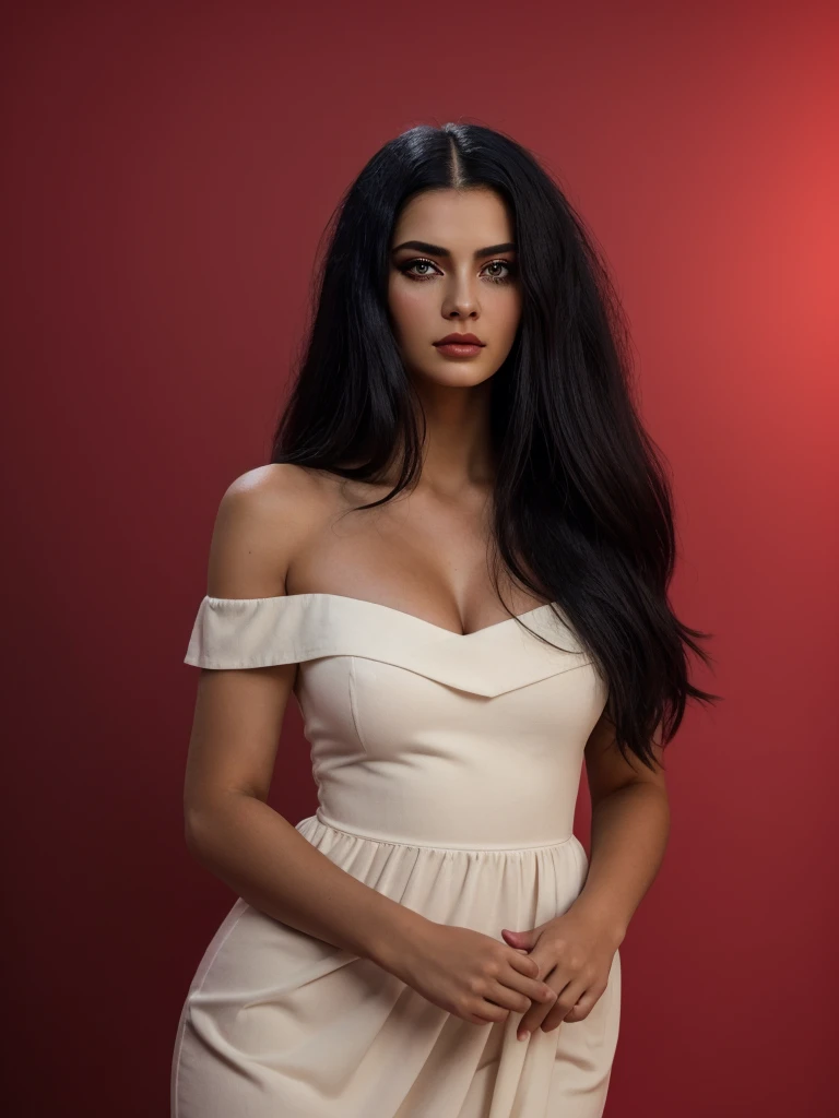 Best quality, masterpiece, ultra high res, (photorealistic:1.5), raw photo, 1 mature Ancient Egyptian girl, white off shoulder dress, in the dark, deep shadow, low key, cold light, sexy look, black Cleopatra's hair (((black hair))), bright eyes, yin sanpaku eyes, eyeshadow, (((plain red background))), cinematic studio lighting, perfect anatomy