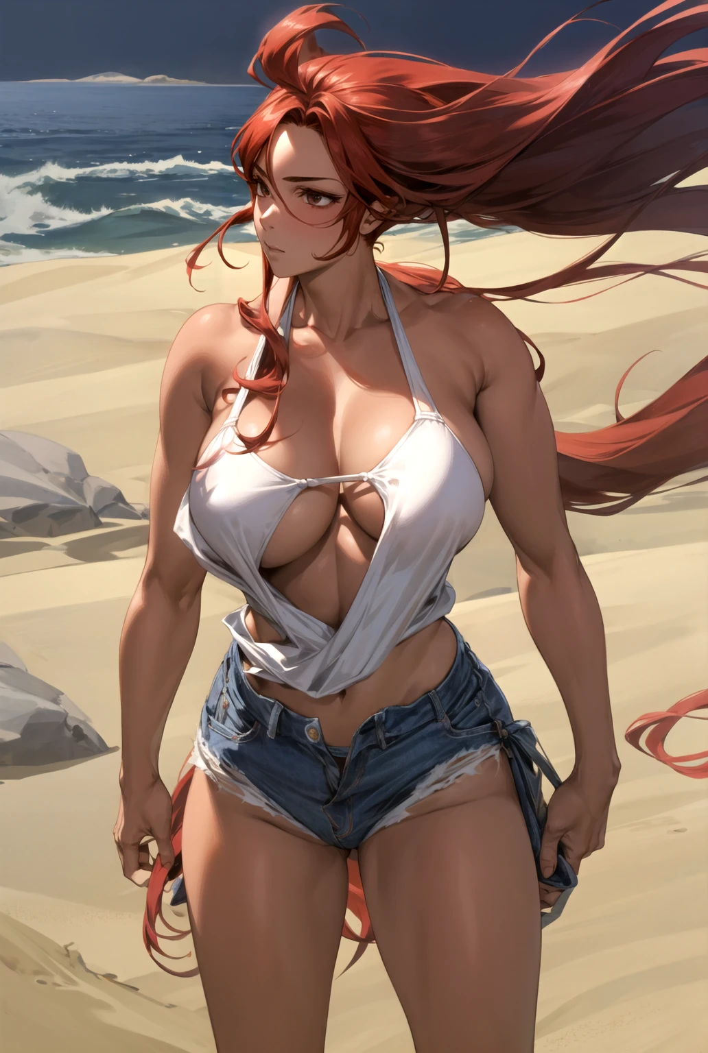 1womanl, muslos grandes, big-ass, Red hair, super long hair, in bikini.