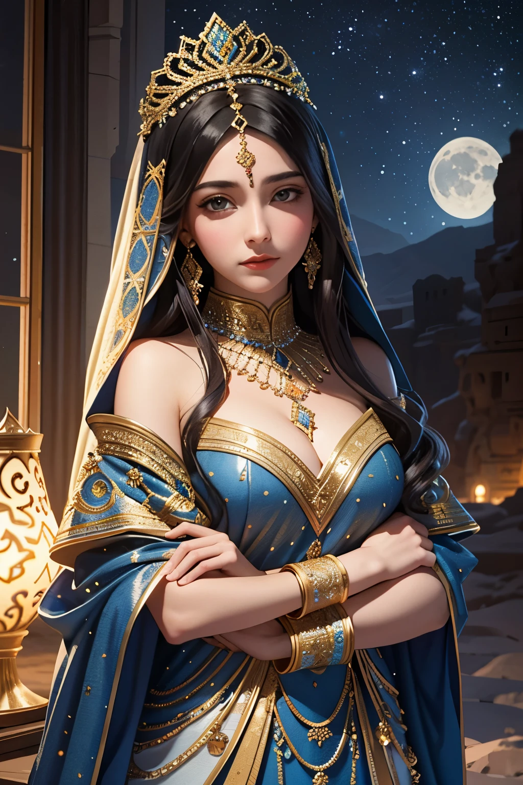 This is a masterpiece of an image, showcasing the best quality representation of an Arabic girl captivating the essence of Arabic charm under the enchanting night landscape. The scene is set against the backdrop of a starry night with the moon shining on a mesmerizing moon landscape, surrounded by the vast expanse of the desert sand. The oasis provides an elegant enclosure outside, illuminated only by the soft glow of the moonlight.
At the center of this desert symphony is a single girl, adorned in a lovely Arabic dress, exuding a royal charm associated with the Arabic queens. Her long, black hair cascades down her shoulders, complimenting
