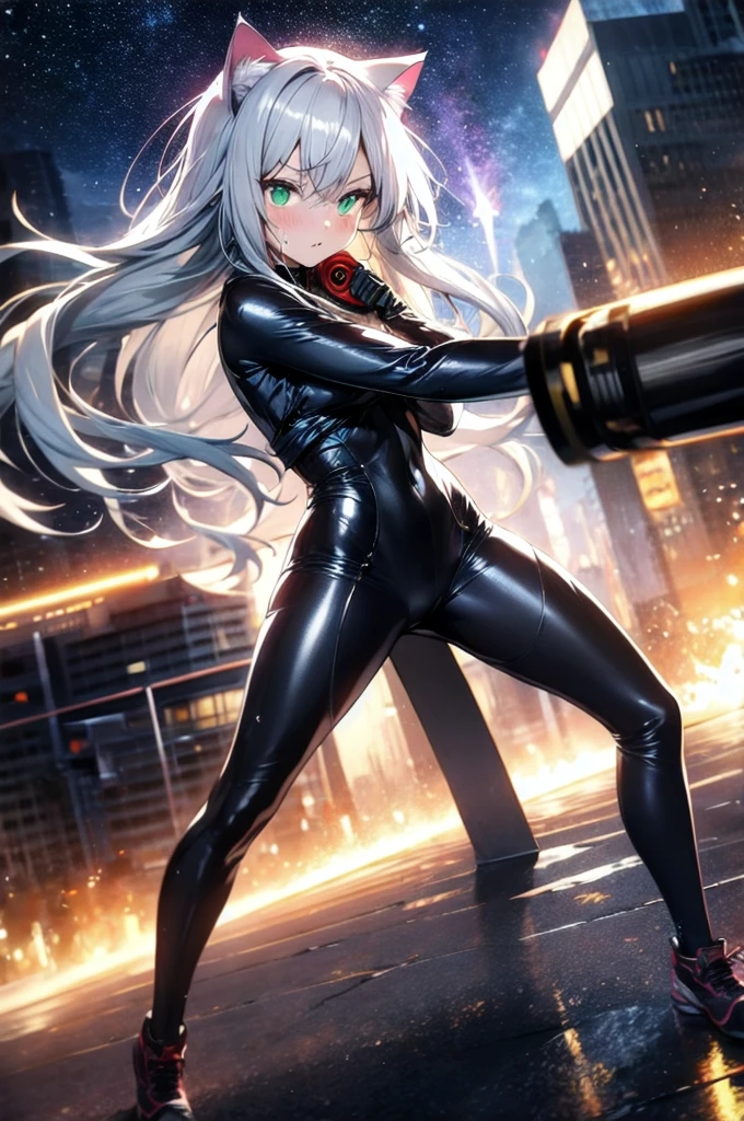A silver-haired beautiful girl with cat ears eyes are green hair is silver and long clothes: a form-fitting black combat suit The fist is an afterimage The background is a city at night her is in a cat-like fighting pose The year is 14 years monitor, Dark Night, Sweat, Steam of Exhalation, Space, Battle, Dynamic Angle　one girl