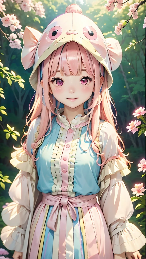 (((Hime cut)))、One Girl、12talent、Magical girl、anatomy、French Braid、Anime Style、(((Fish hat))),(((Pink Hair))),(((Hime cut))),(((Bangs up to eyebrows))),(((Bangs without gaps))),(((Align your bangs))),(((Pink eyes))),Small breasts、smile,Cute Face、Cute clothes、Combat Uniform、、(((The background is pastel colored clouds:1.5、rainbow、Blurred Background)))、Highest quality、High resolution、High resolution、Cinema Lighting、Professional Photographer