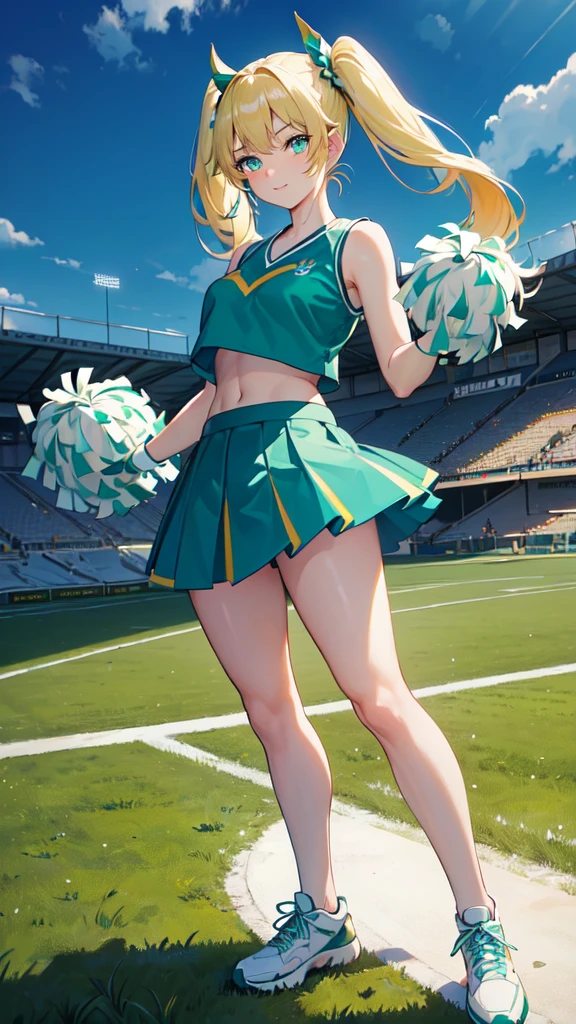(masterpiece, top quality, best quality, official art, beautiful and aesthetic:1.2), (8k, best quality, masterpiece:1.2), (((masterpiece))), (((best quality))), (((extremely detailed))), illustration, who, (masterpiece, top quality, best quality, official art, beautiful and aesthetic:1.2), (8k, best quality, masterpiece:1.2), 1girl, crop top, cheerleader, Pom-poms in hand, (((blonde hair))), very long twin tails, medium breasts, (((turquoise eyes))), full body, wide hips, smile, skirt, (((dark green and white cheerleader outfit))), (((football field))), horse mascot on cheerleader outfit,