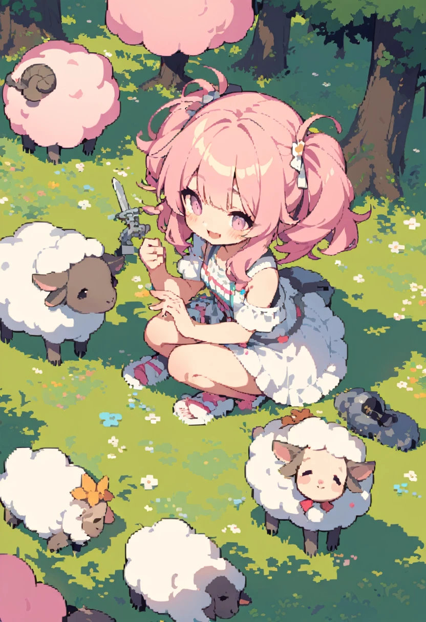 masterpiece, Highest quality, 8k, Pixel art, Pixel art, Vivid, ((woman, 若いwoman, sheepの上にwomanが乗っている, とても大きなsheepに乗っている, ふわふわのsheep)), smile, cute, smile, Mouth open, (((Fluffy hair:1.5, Cotton candy hair:1.8))), Long Hair, (sheepの毛のような髪), Pink Hair, eyebrow, 太いeyebrow, one piece, Pink clothes, Long skirt, Spread your wings, cardigan, 水色のcardigan, shoes, 茶色いshoes, grassland, sheep, もこもこのsheep, 大きいsheep, sheepの群れ, sheepに乗っている,