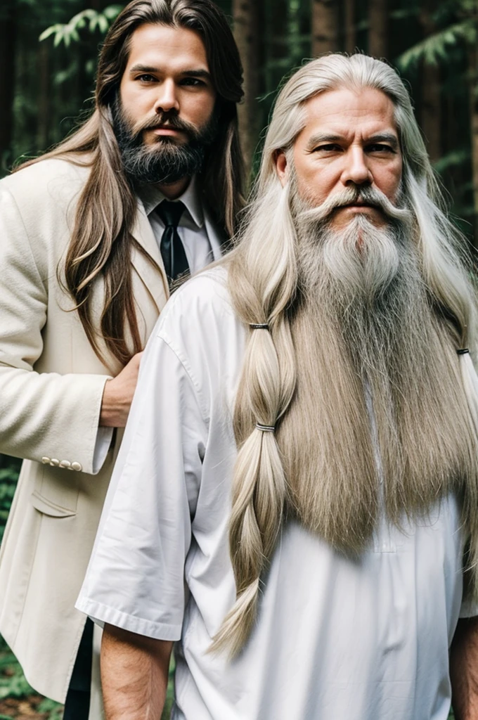 White wolf next to young man with long hair white beard 