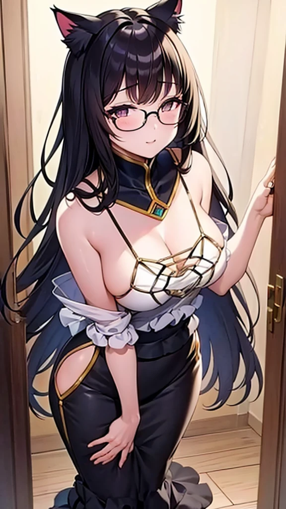 (Masterpiece), (best quality), Cat girl in her 20s, long hair, black hair, chest, gray eyes, cat ears and cat tail, round glasses, long black evening dress.