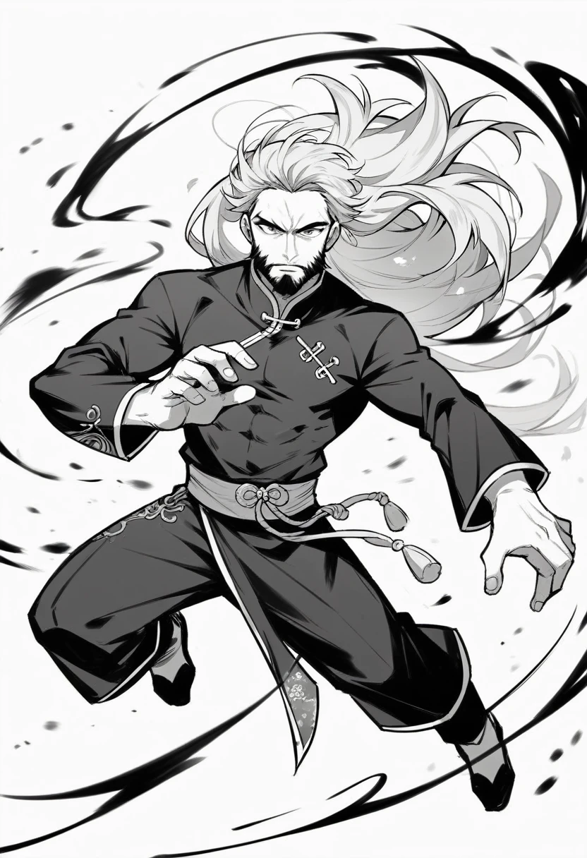 zydink, monochrome, ink sketch, 1boy, asian (middle age man), (long beard, facial hair), fighting stance, looking at viewer, long hair, floating hair, hanfu, chinese clothes, long sleeves, (abstract ink splash:1.2), white background