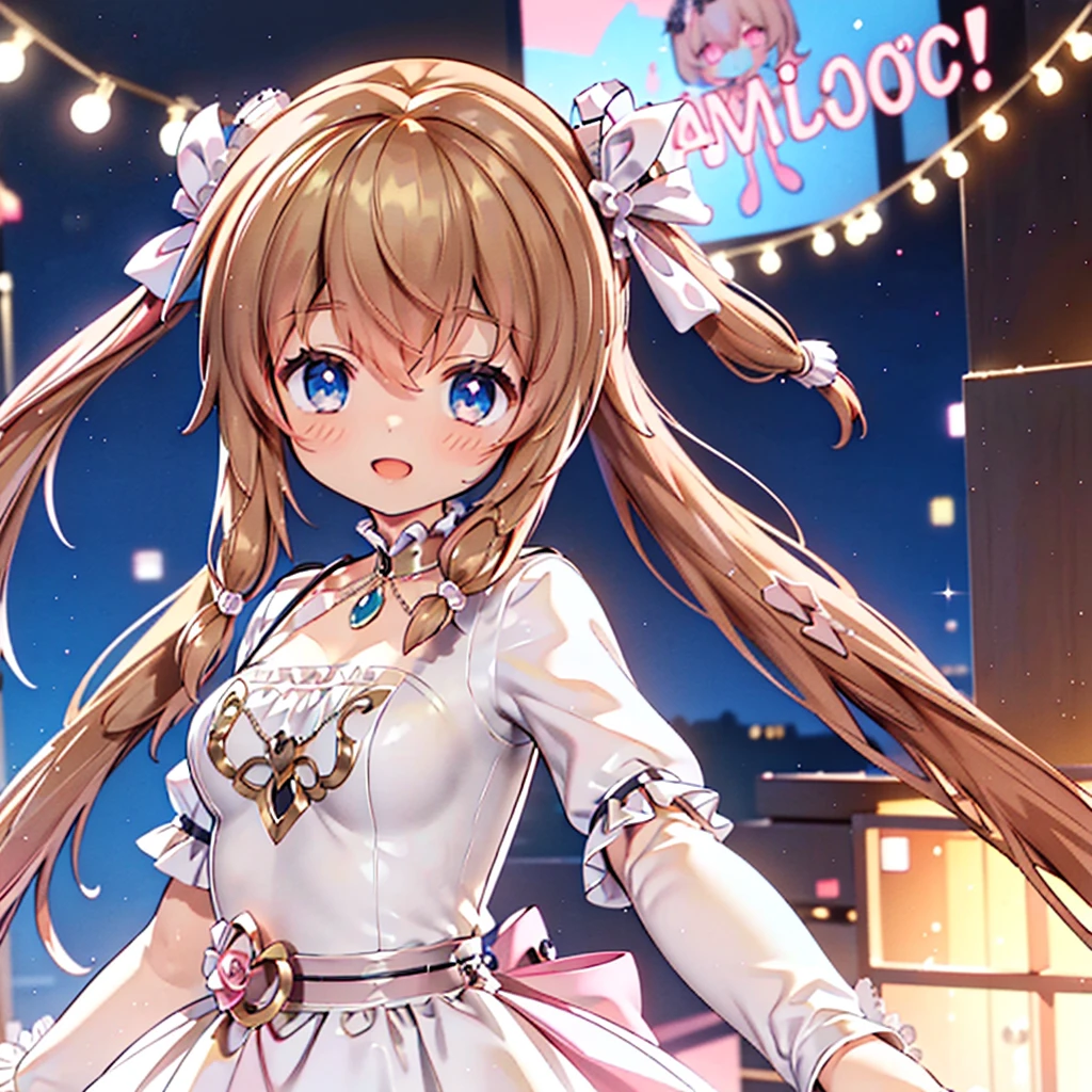 Solo girl, comical, kawaii, Blue eyes, light brown hair, back high twintails, front braids, yellow princess dress, yellow dress, open mouth smile, front view, standing in front of viewer, neon and led lights, posing, sexy, high-resolution image, masterpiece, high quality, attractive eyes, upper body, perfect body,