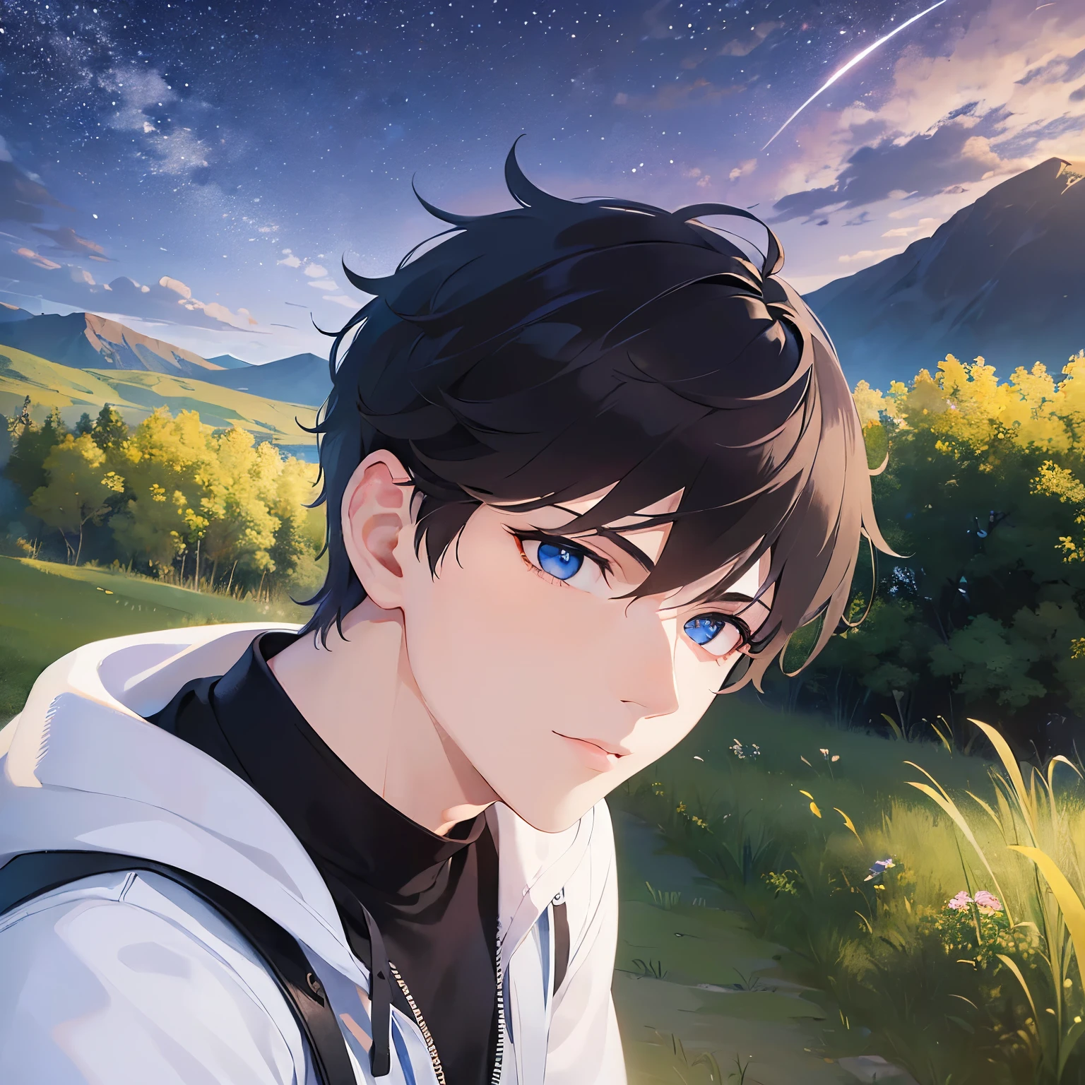 (25-year-old male:1.5) and (Black short hair) and (blue eyes)
(black) and (T-Shirts).(looking away:1.5),upper body,
shiny skin, masterpiece、Highest quality、,serious
（Night Park：1.5）、（Night Sky：1.5）、grass