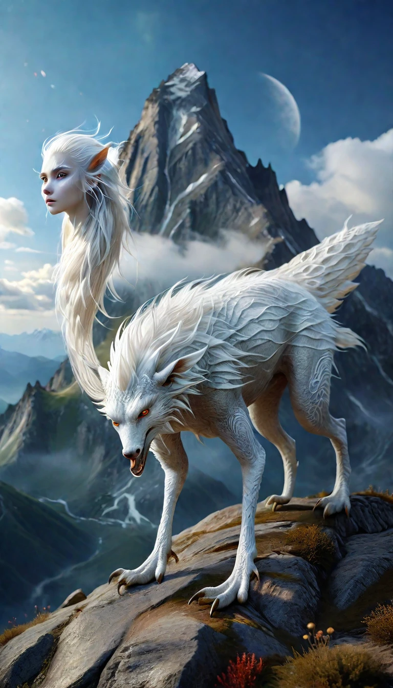 There is a creature on the mountain，human face，White hair，three legs（best quality，4K，8k，High level，masterpiece：1.2），Ultra Detailed，（lifelike，Photo real，Photo real：1.37），Highly detailed animals，Complex patterns，Realistic lighting，Fantasy Creatures