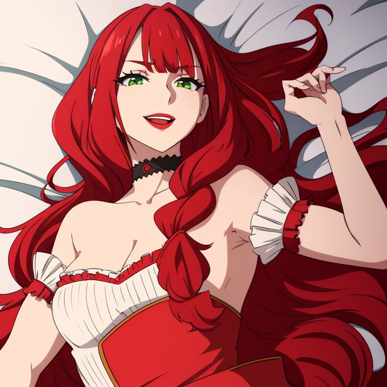 Dakimakura, ultra resolution , perfect, very detailed, work of art, 4k hd, long braid hair, red hair, long bangs, red eyeshadow, green eyes, red lips, light smile, happy face, looking at viewer, gown, long gown, white gown, bed, 