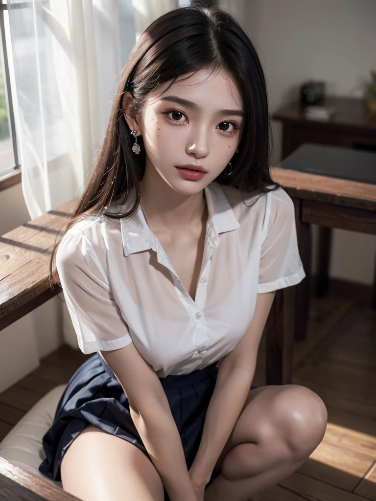 Highest quality、Ultra-high resolution、(Realistic)、18-year-old girl、((((School Uniform, Half ))))、((((I can see your nipplHyper Detail、Super Realistic、(Realistic)、More about beautiful skin、(masterpiece:1.0)、(Highest quality)、(Ultra-high resolution)、8K resolution、Canon EOS R5、135mm、Absurd、Very detailed、Sharp focus、Fine skin、(((Chirarizum、Small breasts)))