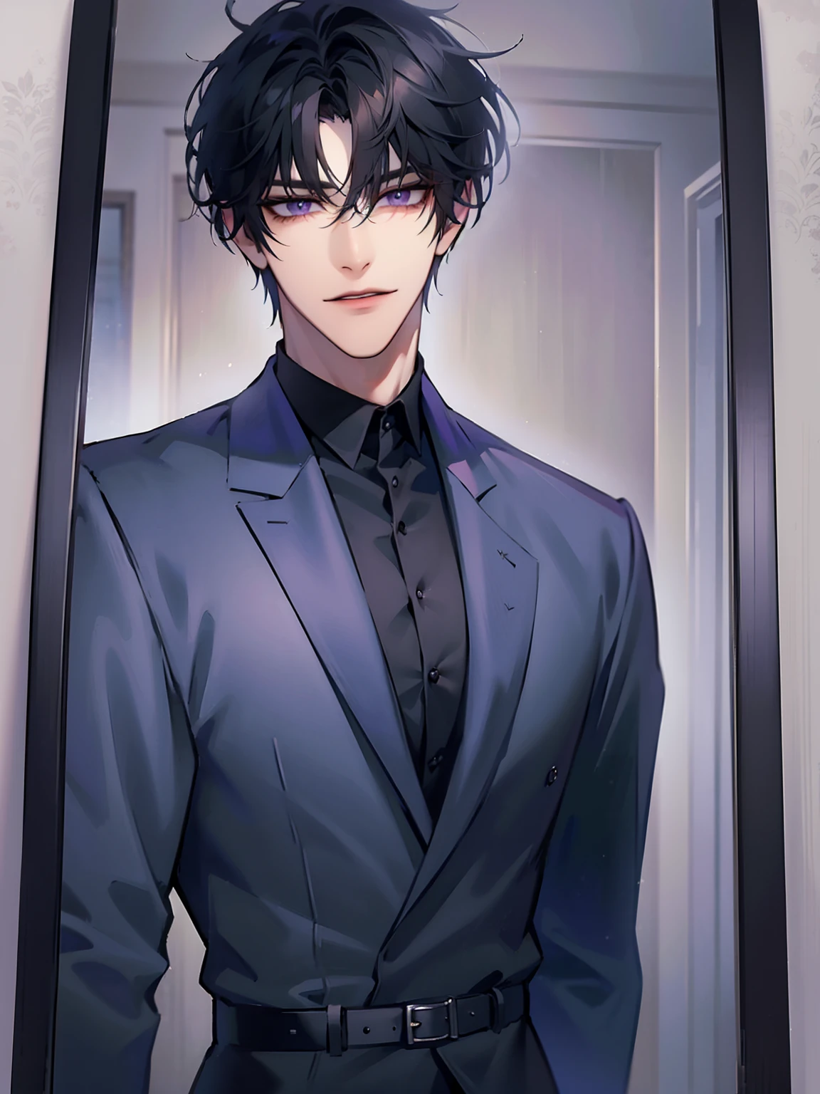 (masterpiece, 8k, high quality, best quality:1.6), 1boy, solo, short hair, black hair, asymmetrical fringe, purple eyes, handsome, sharp eyes, (mature male, mature:1.2), male focus, fashionable, tucked in open purple collared shirt, necklace, indoors, bedroom, light brown wallpaper, close up, smile, long eyelashes, soft shadows, holding phone, selfie, mirror, perfect anatomy