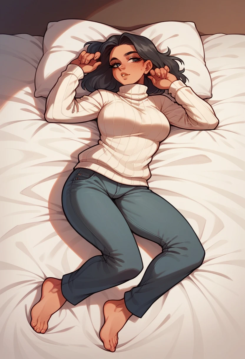 ((best qualityer)), ((work of art)), (detailded), 1 girl, ombro to ombro sweater, she has average sized and will be in a bed, lying with legs open without pants