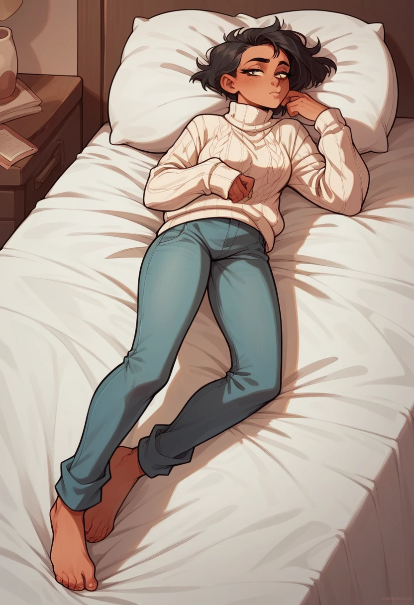   long-haired nerd girl, , wearing short clothes Tiny , small cup , Crying lying in bed, Barefoot painted nails,