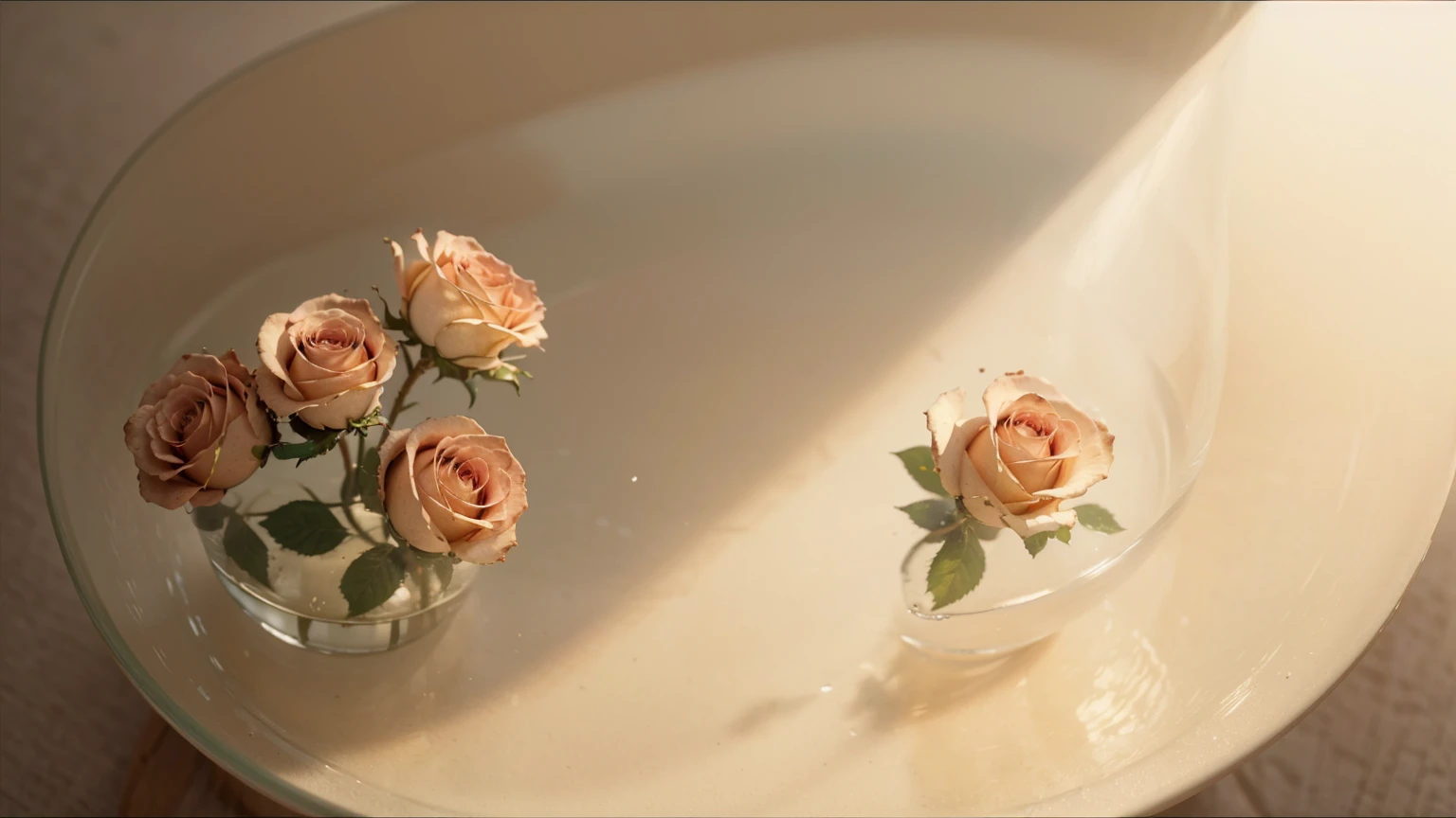 a beautiful detailed 2 roses in a transparent glass pot filled with water, empty space inside,vintage 70s style,natural lighting,minimalistic composition,elegant,photorealistic,highly detailed,8k,cinematic lighting,soft pastel colors,film grain,depth of field,beautiful bokeh,intricate details