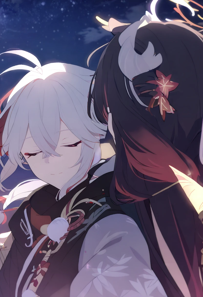 Man and woman couple, walking under the stars, at night, very close, 1 girl, Columbina, multicilor hair, two color hair, colored inner hair, decoration for your hair, black fur, with red outline, closed eyes, 1 chico, Kaedehara Kazuha, white hair with a red streak, hair ornament