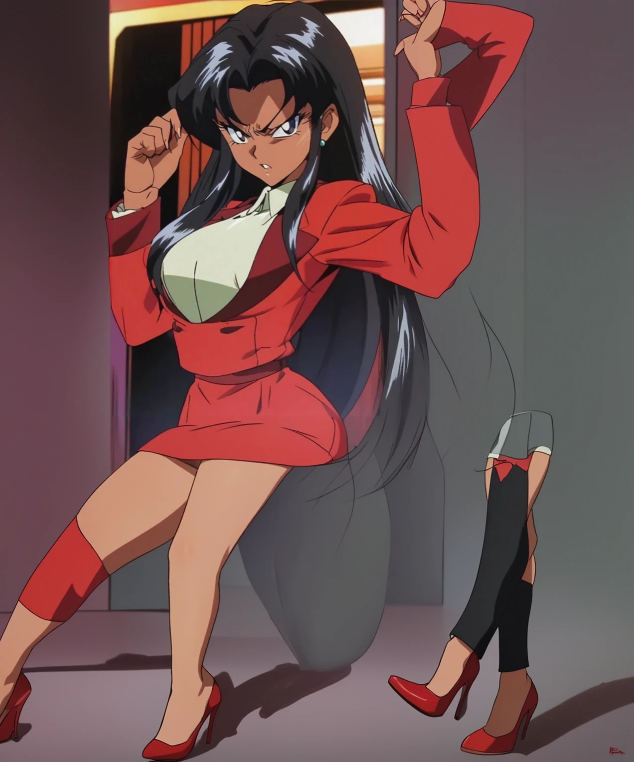 90s anime Evil black skinned business woman in a red suit and long red skirt and red heels and long red sleeves