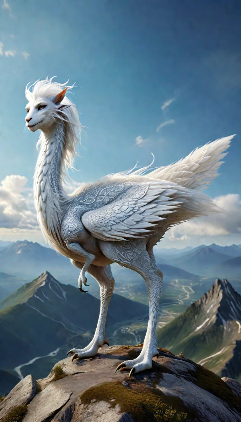 There is a creature on the mountain，human face，White hair，three legs（best quality，4K，8k，High level，masterpiece：1.2），Ultra Detailed，（lifelike，Photo real，Photo real：1.37），Highly detailed animals，Complex patterns，Realistic lighting，Fantasy Creatures
