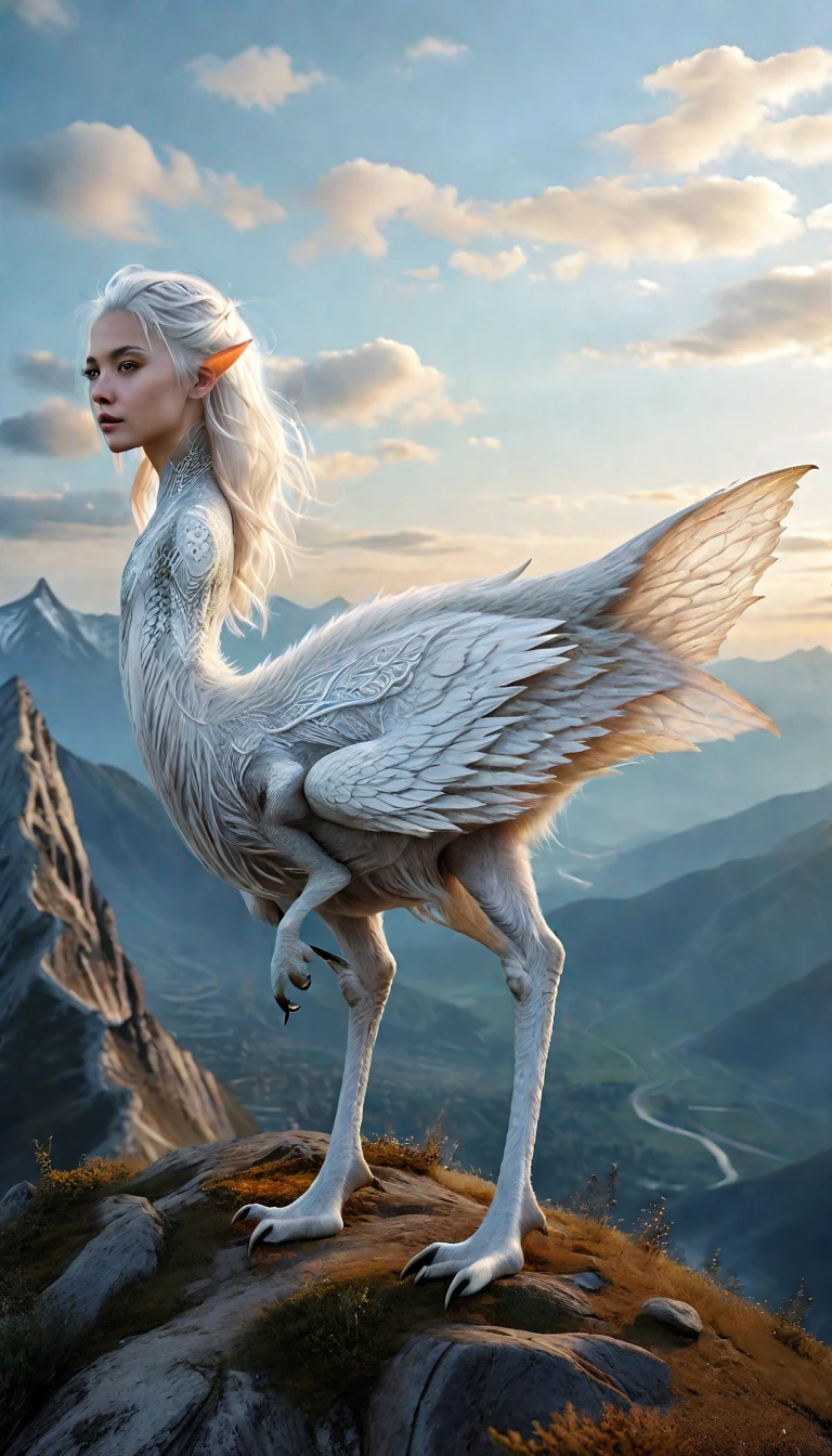 There is a creature on the mountain，human face，White hair，three legs（best quality，4K，8k，High level，masterpiece：1.2），Ultra Detailed，（lifelike，Photo real，Photo real：1.37），Highly detailed animals，Complex patterns，Realistic lighting，Fantasy Creatures