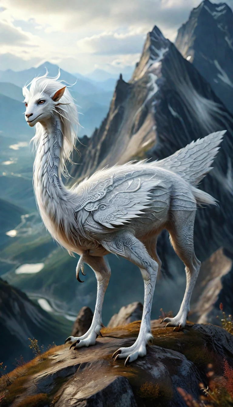 There is a creature on the mountain，human face，White hair，three legs（best quality，4K，8k，High level，masterpiece：1.2），Ultra Detailed，（lifelike，Photo real，Photo real：1.37），Highly detailed animals，Complex patterns，Realistic lighting，Fantasy Creatures