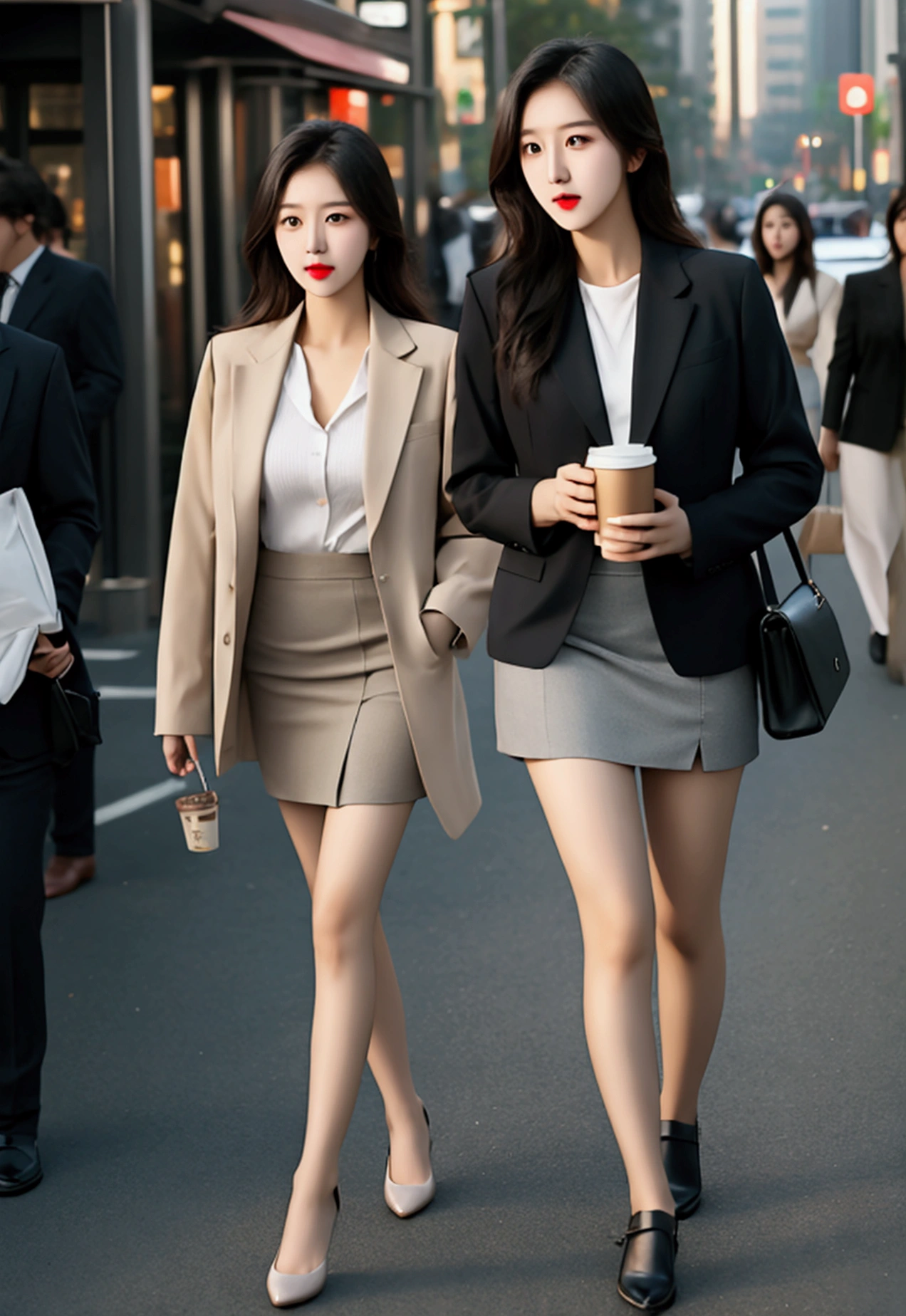 asiangirls in casual suits, short skirts, confident looks, holding coffee cup, walking in the middle of the city with traffic jams and at the end of the day, cinematic lighting