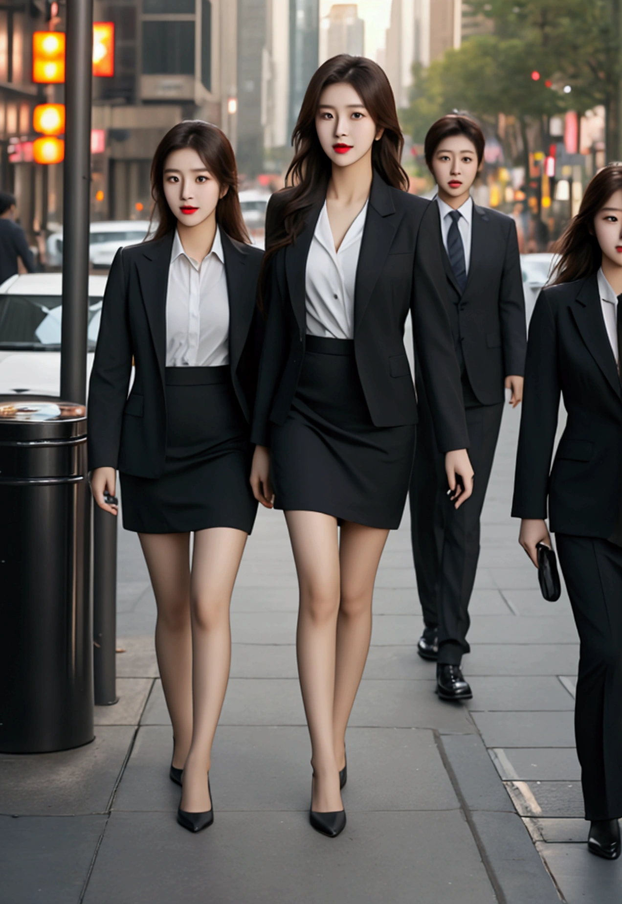 asiangirls in casual suits, short skirts, confident looks, holding coffee cup, walking in the middle of the city with traffic jams and at the end of the day, cinematic lighting