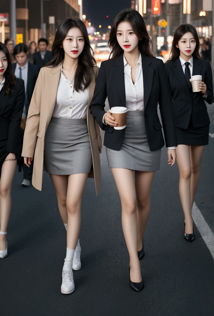 asiangirls in casual suits, short skirts, confident looks, holding coffee cup, walking in the middle of the city with traffic jams and at the end of the day, cinematic lighting