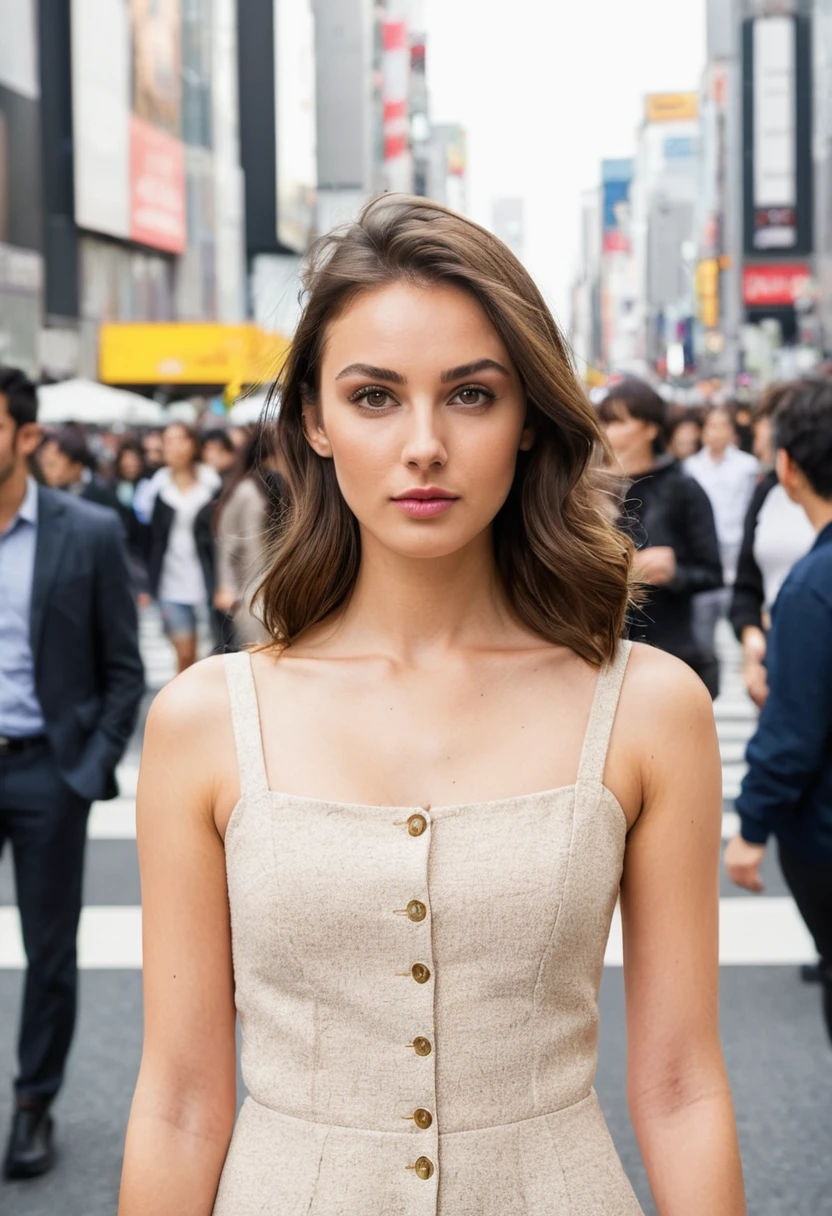 beautiful brunette, (((oval face shape with golden proportions, tall and defined cheekbones, gently angular jaw, slightly pointed chin, medium forehead with gently arched hairline))), shoulder length wavy brown hair, ((natural eyebrows with some flyaways)), (((dynamic pose, walking confidently, look ahead))). from front view (((on a busy Tokyo street, Shibuya Crossing))). highy detailed, 20 year, ((eyes browns)). (((Nose with straight back, slightly rounded tip, harmonious proportion with the face, symmetrical and refined nostrils))). ((Medium, well-defined lips, soft cupid&#39;s bow, natural redness around the edges, smooth texture with visible hydration)). high resolution, work of art. Pele realista Fitzpatrick IV, texture of "Orange peel" subtle on the cheeks, discrete nevus of Ota. ((Wearing an elegant trench coat over a silk blouse)). excellent quality, extremely detaild, sharp focus, ((tyro Fujifilm X-T4, 23mm f/1.4)), Classic Chrome color vision. natural body, photoshot_(ultra), photoshotrrealismo, photoshotgrafia (film grain) medium shot for filming (((urban night lighting with colorful neons reflecting on the skin))) Em primeiro plano