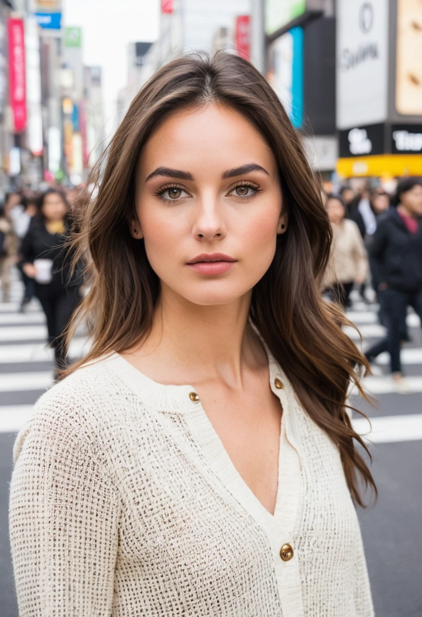 beautiful brunette, (((oval face shape with golden proportions, tall and defined cheekbones, gently angular jaw, slightly pointed chin, medium forehead with gently arched hairline))), shoulder length wavy brown hair, ((natural eyebrows with some flyaways)), (((dynamic pose, walking confidently, look ahead))). from front view (((on a busy Tokyo street, Shibuya Crossing))). highy detailed, 20 year, ((eyes browns)). (((Nose with straight back, slightly rounded tip, harmonious proportion with the face, symmetrical and refined nostrils))). ((Medium, well-defined lips, soft cupid's bow, natural redness around the edges, smooth texture with visible hydration)). high resolution, work of art. Pele realista Fitzpatrick IV, texture of "Orange peel" subtle on the cheeks, discrete nevus of Ota. ((Wearing an elegant trench coat over a silk blouse)). excellent quality, extremely detaild, sharp focus, ((tyro Fujifilm X-T4, 23mm f/1.4)), Classic Chrome color vision. natural body, photoshot_(ultra), photoshotrrealismo, photoshotgrafia (film grain) medium shot for filming (((urban night lighting with colorful neons reflecting on the skin))) Em primeiro plano