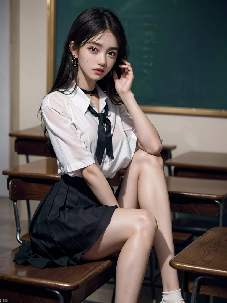 absurdres, RAW photo, extremely delicate and beautiful, masterpiece, Best Quality, ultra high resolution, 32k, hyperrealistic, ultra-detailed, super Detailed skin, 20 years old, very small head, very small face, tearful mole, earring, very huge round breasts, legs, medium hair, ((full body shot)), indoor, ((school_uniform)),