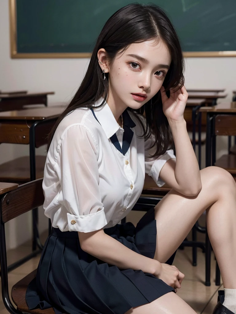 absurdres, RAW photo, extremely delicate and beautiful, masterpiece, Best Quality, ultra high resolution, 32k, hyperrealistic, ultra-detailed, super Detailed skin, 20 years old, very small head, very small face, tearful mole, earring, very huge round breasts, legs, medium hair, ((full body shot)), indoor, ((school_uniform)),