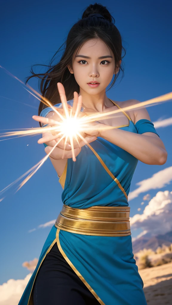 Description of the pose: "The character is posing to fire a Kamehameha.。Place your hands together in front of your body、Put one hand out in front、The other hand is pulled back。The body is slightly tilted forward、The face is focused。" Background Settings: "The background is a blue sky.、The sky is clear。" Description of facial expressions: "The character's facial expressions are powerful.、It looks like he is concentrating.。Eyes looking forward、The mouth is a little tight。" Adjusting posture and body balance: "The pose is balanced throughout the body、Adjust it so that it looks energetic。Anatomically correct fingers、Beautiful fingers”