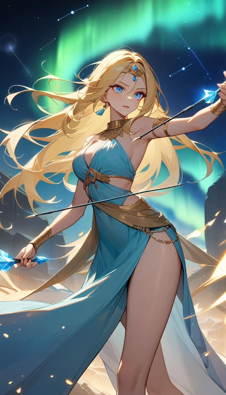 (Huang Li、high quality、Extremely detailed),Constellation-Sagittarius Goddess,Huge bow,Woman shooting arrows,Similar to Latin goodness,brave,capricious,Productivity,The face of enterprising and humanitarianism,Long yellow hair,Ancient Greek costumes、Wrap Dress,Conservative clothing,The background is the aurora,Crystal blue eyes(Eyes Details),Powerful appearance, Correct anatomy