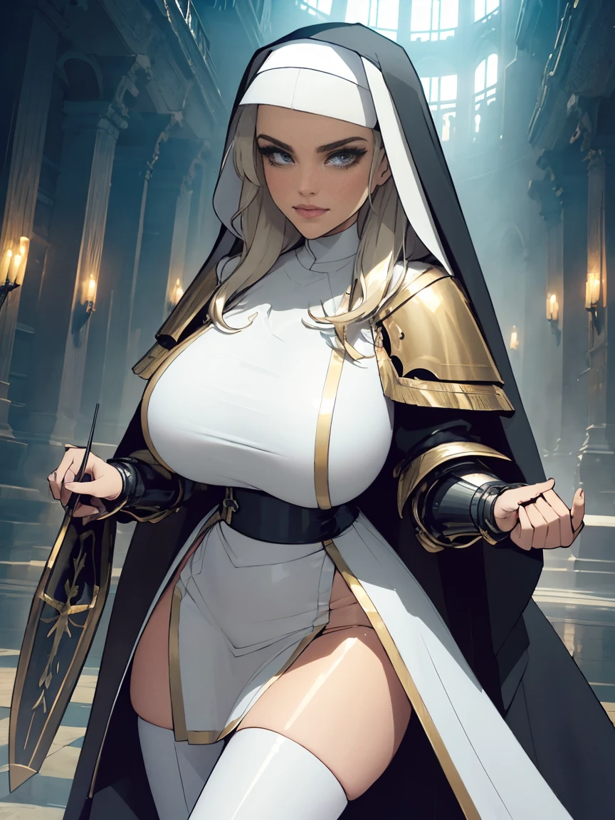(masterpiece, top quality, best quality, official art, beautiful and aesthetic:1.2), (1girl:1.3), ((Sharp facial features, sharp features, hawkish features)), ((grey eyes)), busty paladin knight girl, extremely detailed, portrait, looking at viewer, solo, (full body:0.6), detailed background, full-body shot, (cold mountain nighttime glacier theme:1.1), holy knight, (nun), charlatan, smirk, mysterious, swaying in mountains, armor, polished metal, gold trim, long boots, white fabric, pelvic curtain, robe, pale leather, ((((nun, crossbow, heavy armor, armored, long legs, robes, prayer scrolls, toned, muscular)))), slim waist, slim hips, long legs, medieval (mountain exterior:1.1) background, dark mysterious lighting, shadows, magical atmosphere, dutch angle