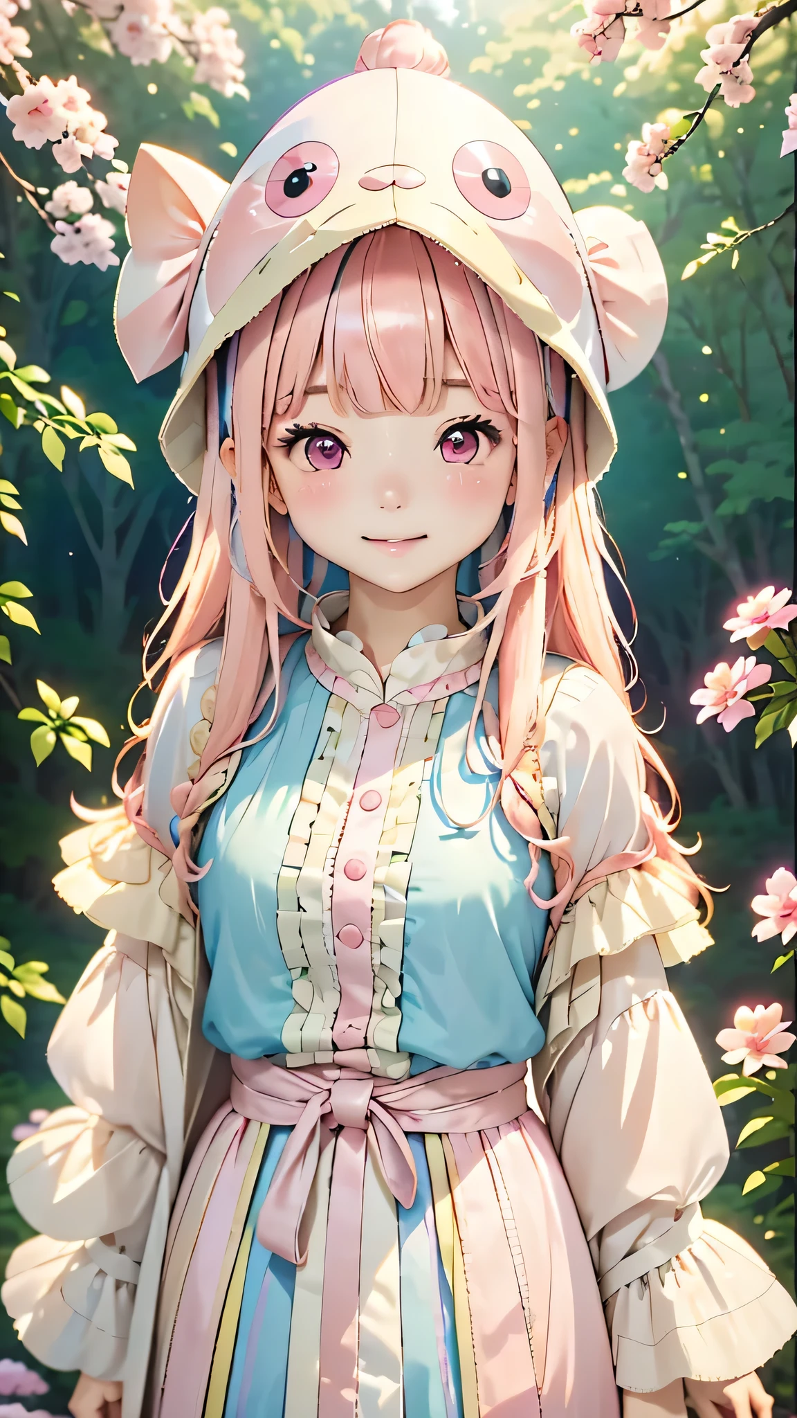 (((Hime cut)))、One Girl、12talent、Magical girl、anatomy、French Braid、Anime Style、(((Fish hat))),(((Pink Hair))),(((Hime cut))),(((Bangs up to eyebrows))),(((Bangs without gaps))),(((Align your bangs))),(((Pink eyes))),Small breasts、smile,Cute Face、Cute clothes、Combat Uniform、、(((The background is pastel colored clouds:1.5、rainbow、Blurred Background)))、Highest quality、High resolution、High resolution、Cinema Lighting、Professional Photographer